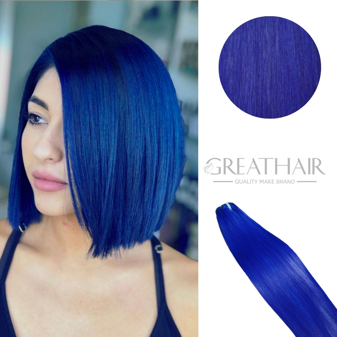 Blue color straight weft hair extensions