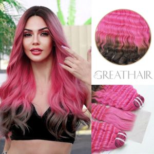 pink with dark brown end deep wavy 2 Bundles with Closure Hair