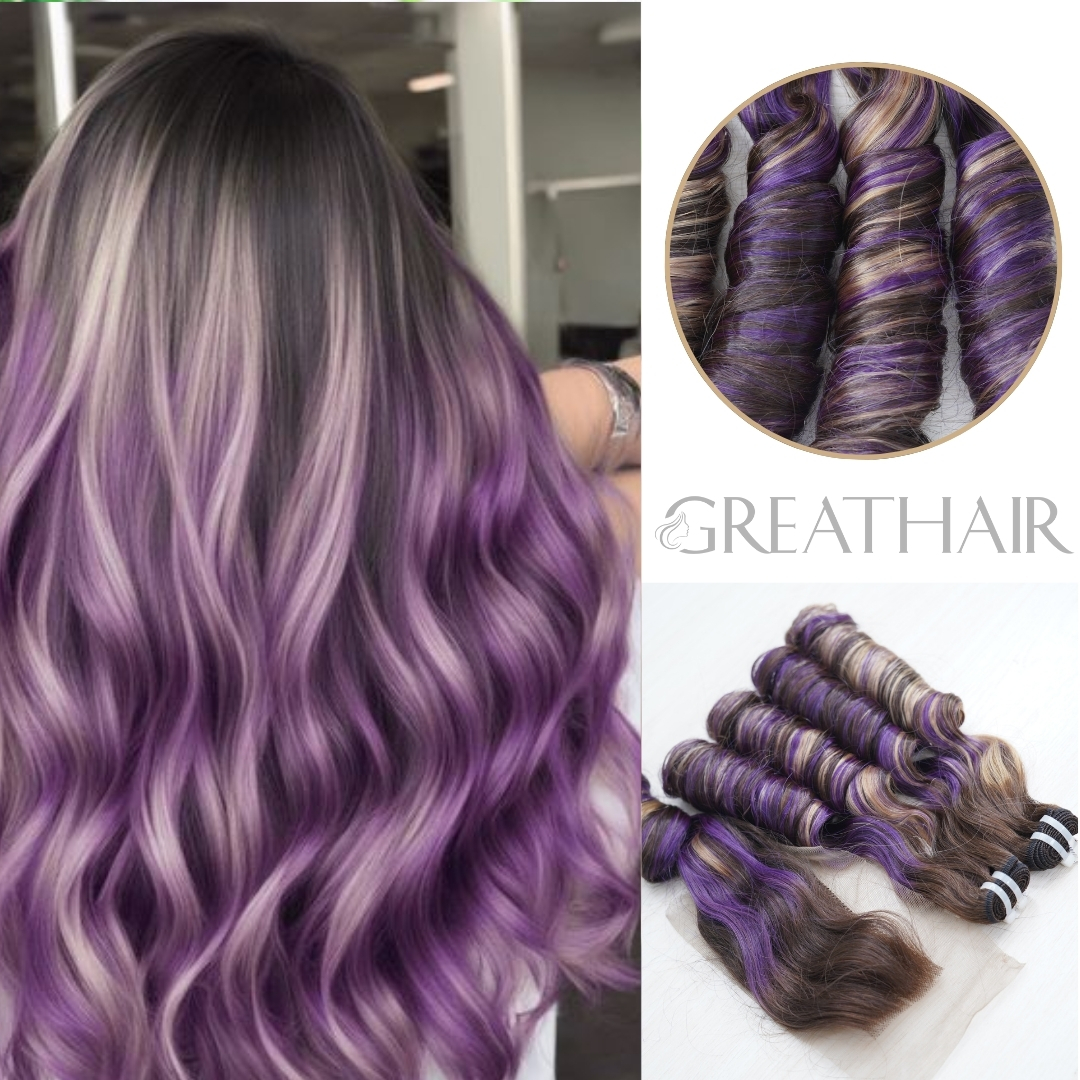 Piano black blonde purple fumi curly 2 bundles with closure hair