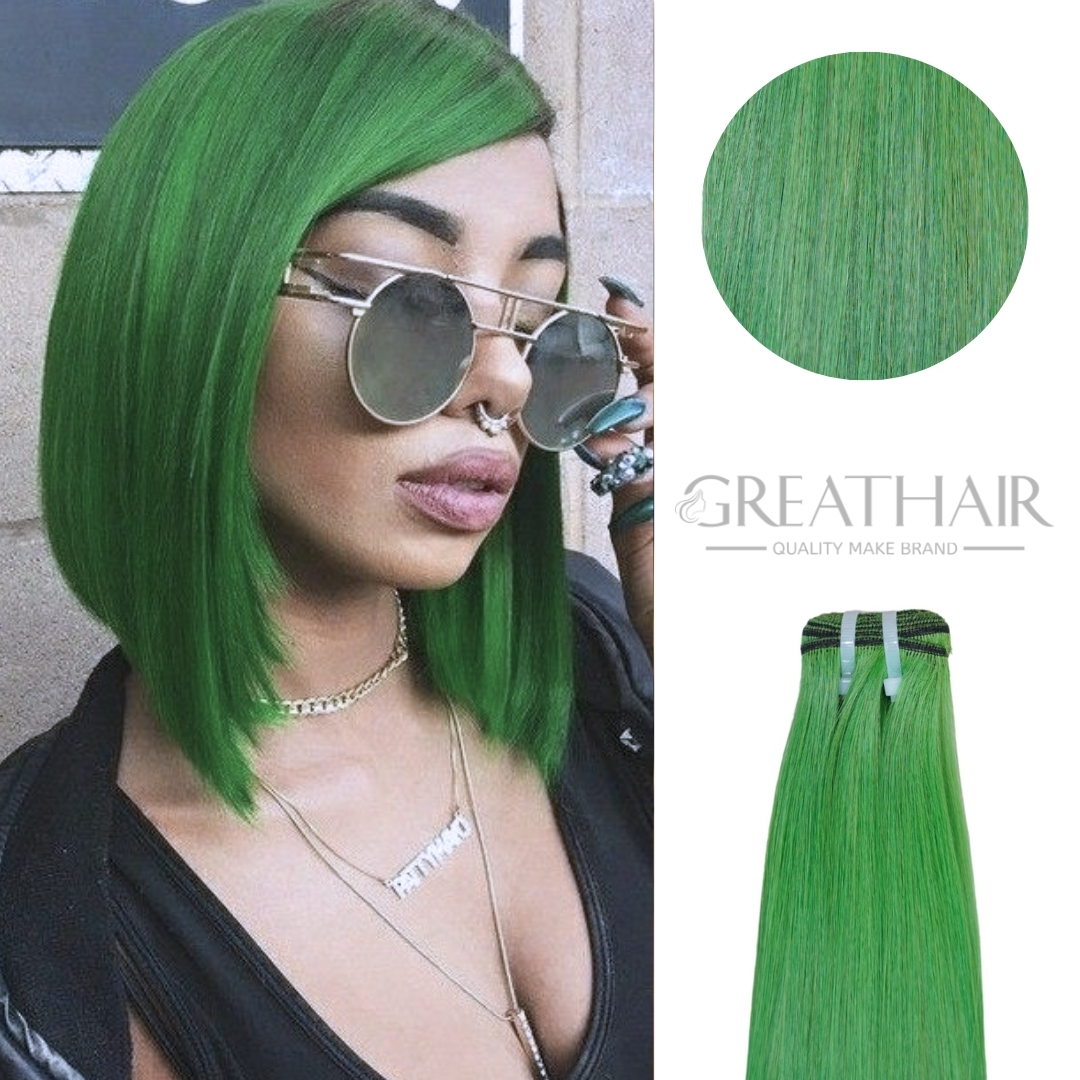 Light green straight weft hair extensions