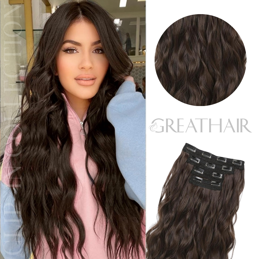 Chocolate brown wavy clip-in hair extensions