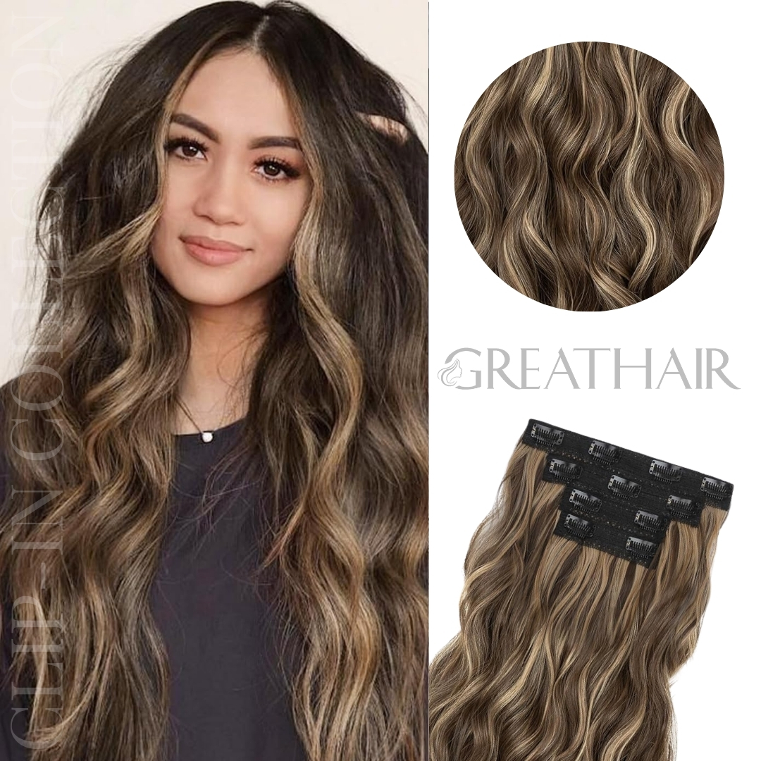 Chocolate brown with blonde highlights wavy clip-in hair