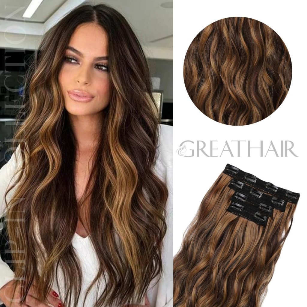 Chocolate Brown with Golden Highlights Wavy Clip-In Hair Extensions