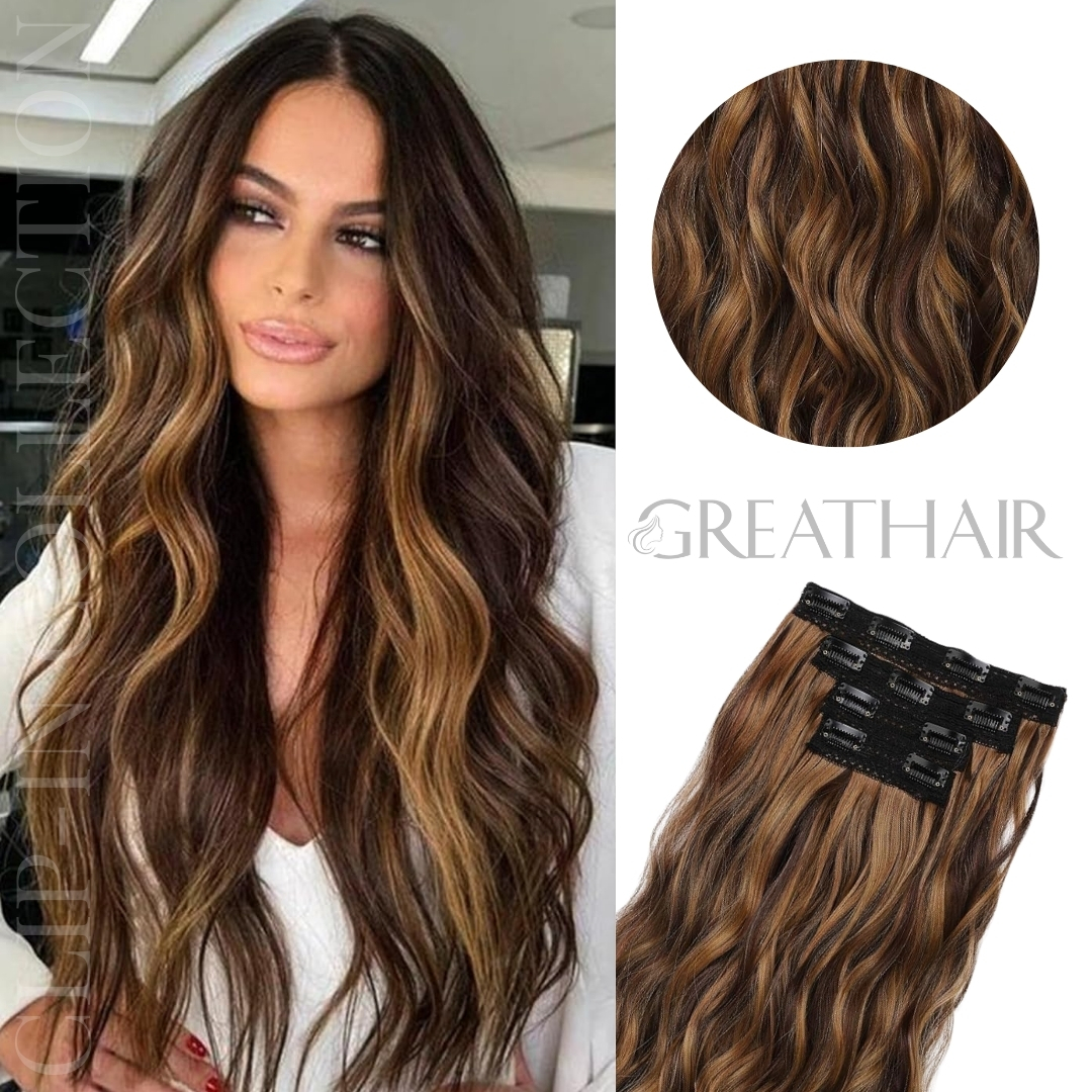 Chocolate brown with golden highlights wavy clip-in hair extensions