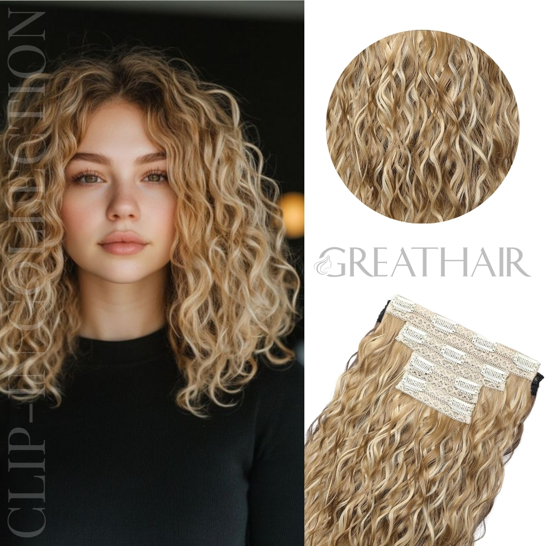 Golden blonde & highlight color curly wavy clip-in hair