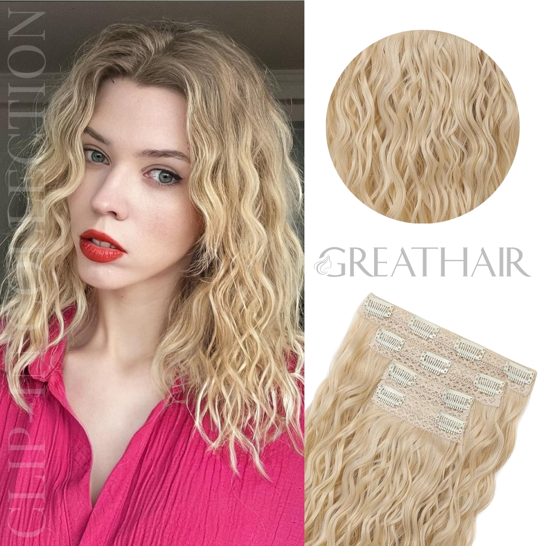 Light blonde color curly wavy clip-in hair