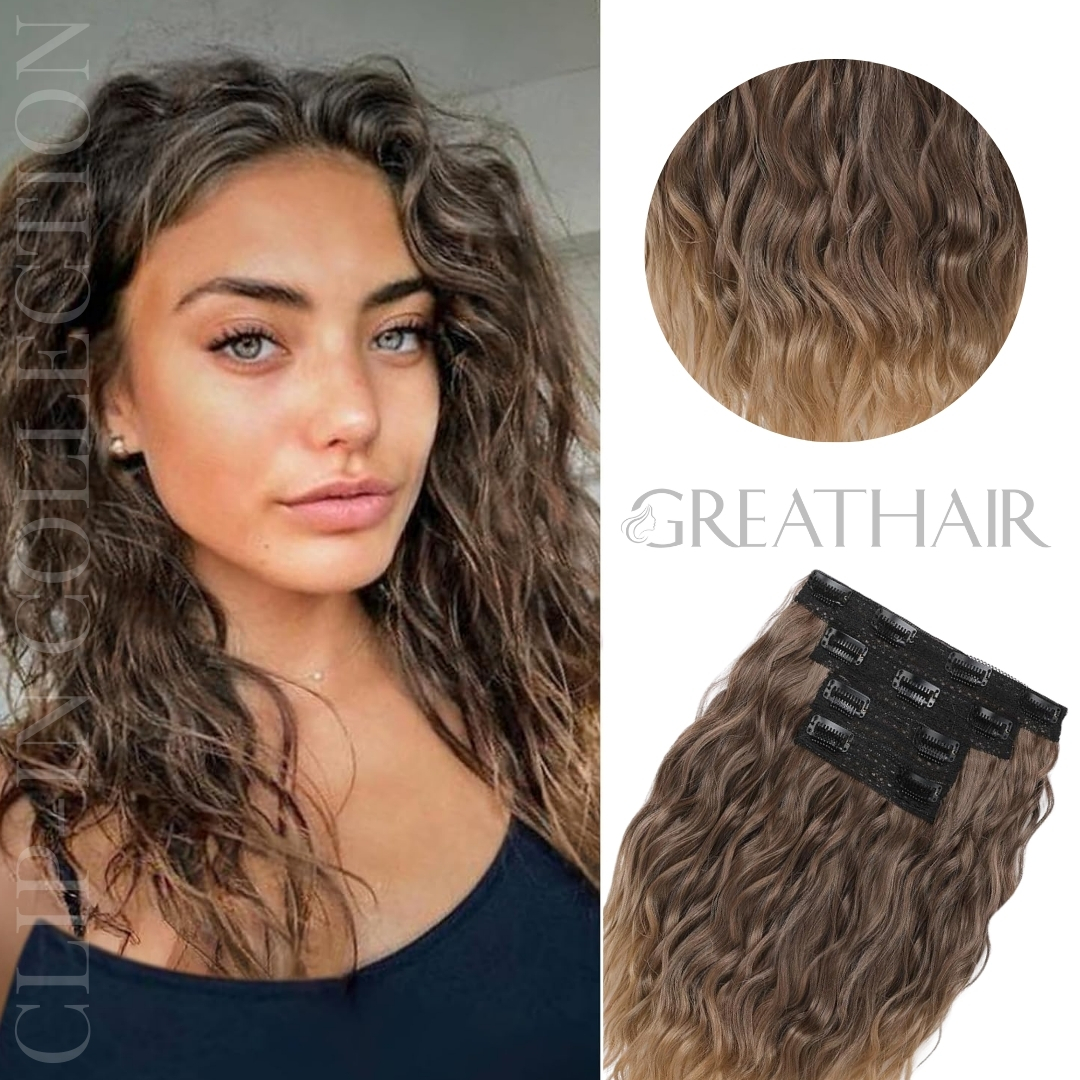 Ombre light brown with golden color curly wavy clip-in hair