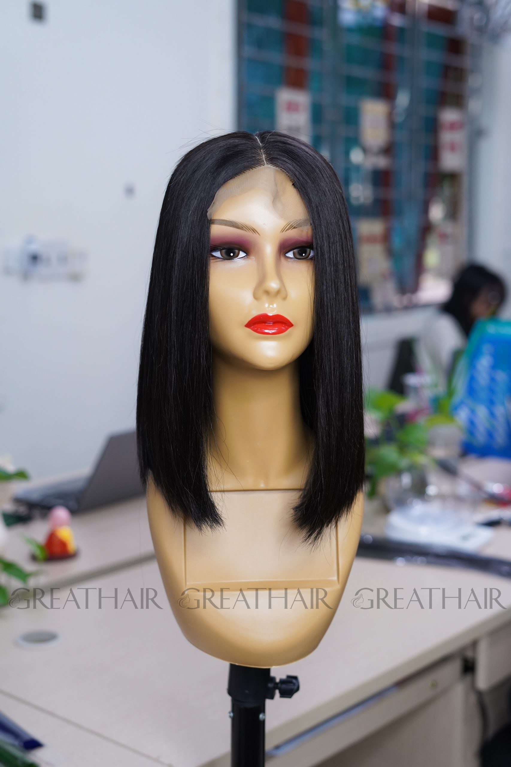 Straight bob wig human hair 2x6 lace 12 inches 1b natural color