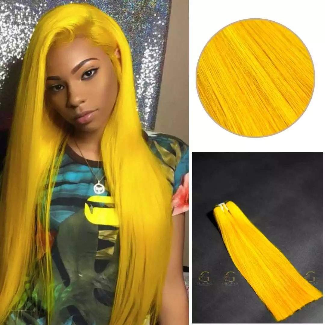 Model wearing long bone straight yellow weft hair