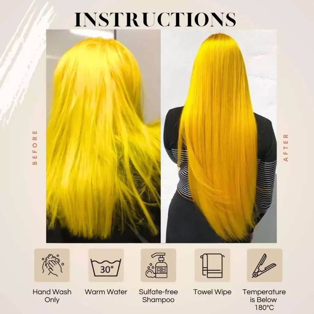 Straight Double Weft Yellow Hair Extensions 3 Instructions: Hand Wash, 30°C water, Sulfate-free, 180°C limit