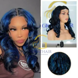 Piano Black Blue Bouncy HD Lace 2x6 Human Hair Wig