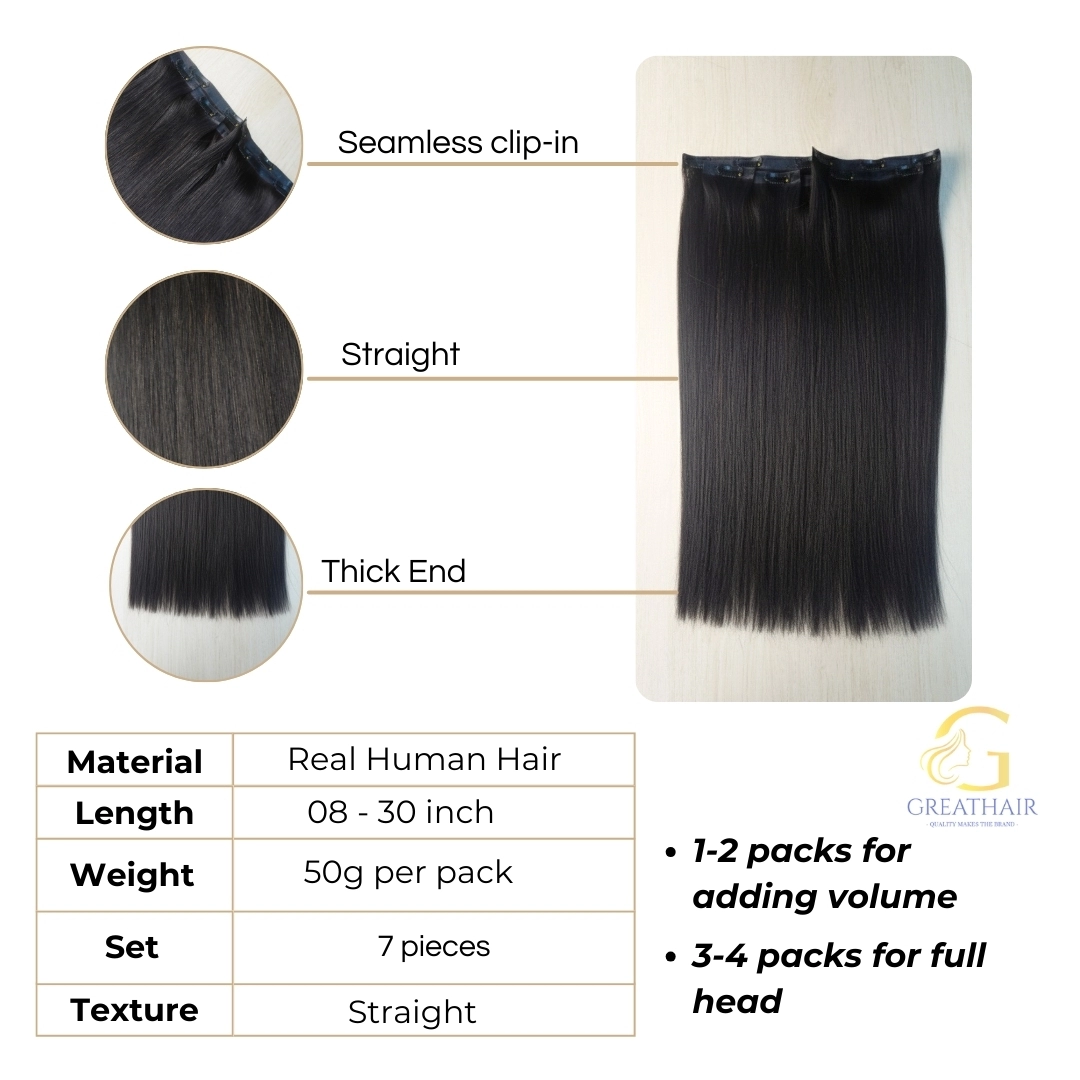 Black Straight Seamless Clip-in Hair Extensions 2