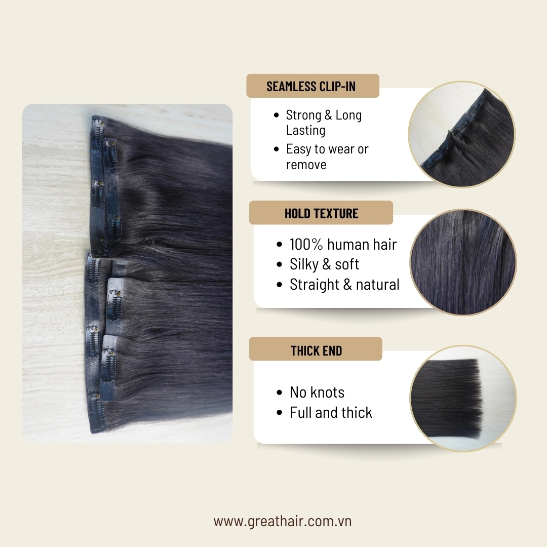 Black Straight Seamless Clip-in Hair Extensions 2