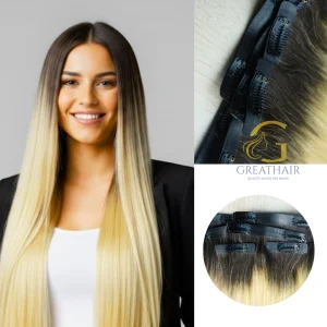 Ombre Blonde Straight Clip In Human Hair Extensions