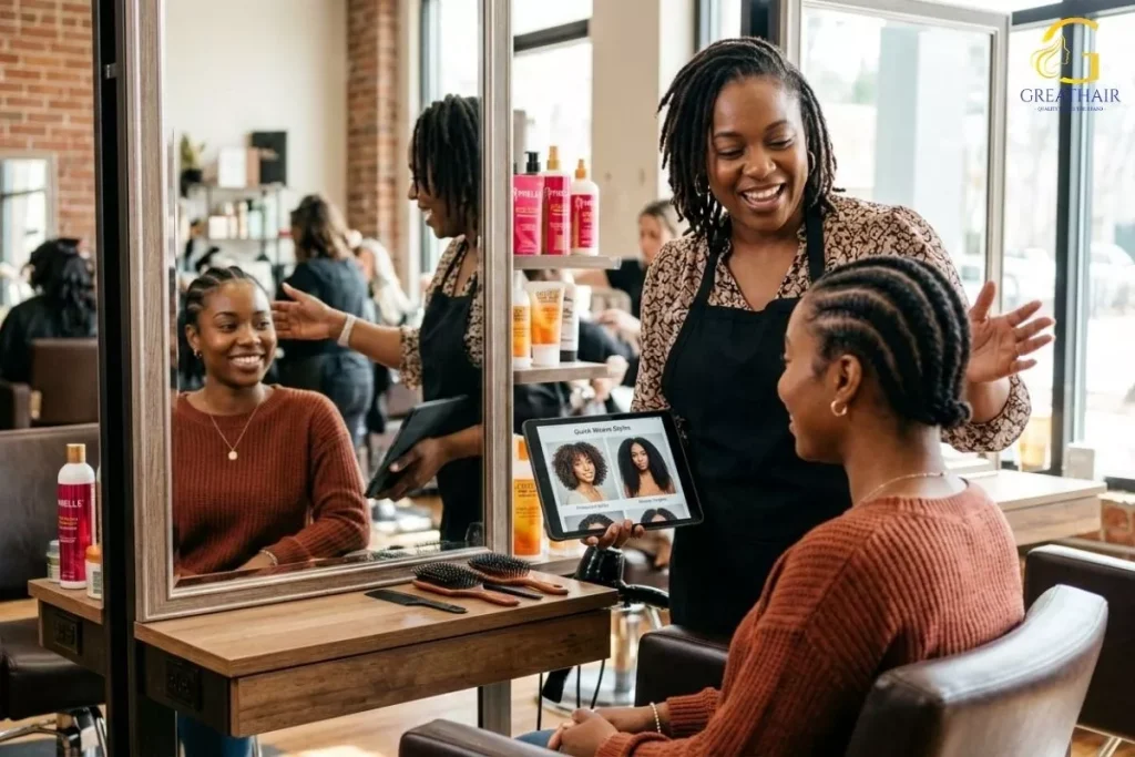 Revamp Your Look with These 10 Quick Weave Hairstyles 26 Stylist helping a woman choose a quick weave hairstyle for her face shape.