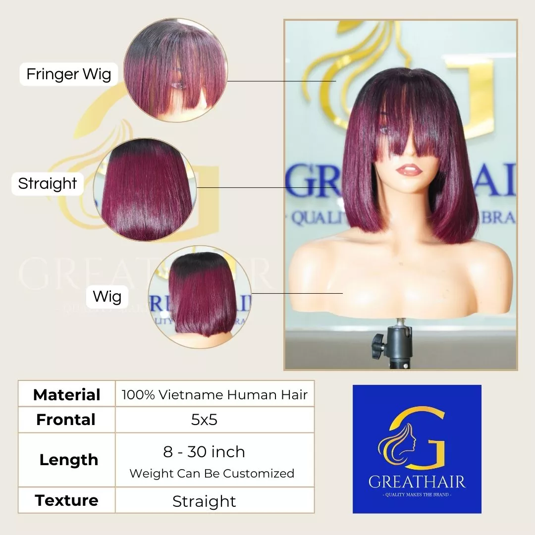 Beautiful Burgundy Wig Human Hair – Premium 5x5 Straight Bob in 8–30 Inch