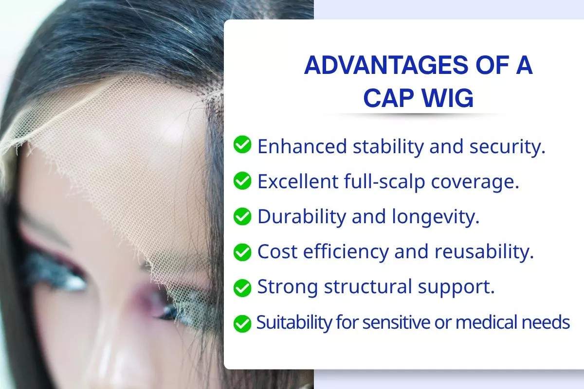 What Is a Wig Cap? Benefits, Types & Capless Wig Comparison 3 Close-up view of a wig cap liner worn on the scalp demonstrating protective layer and improved grip for wig stability