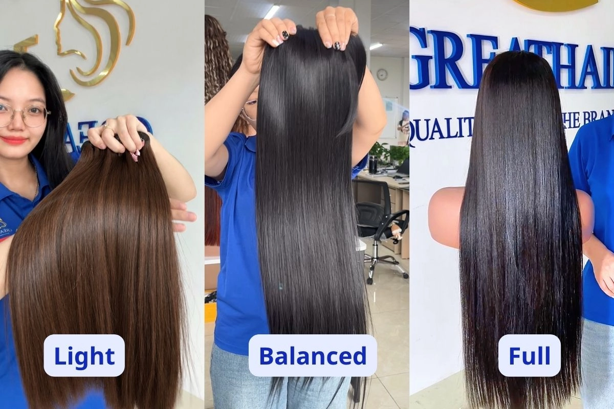 Wig Density Decoded for a Natural Look That Feels Like You 2 Three straight human hair lace wigs comparing light, balanced and full density with matching length and texture